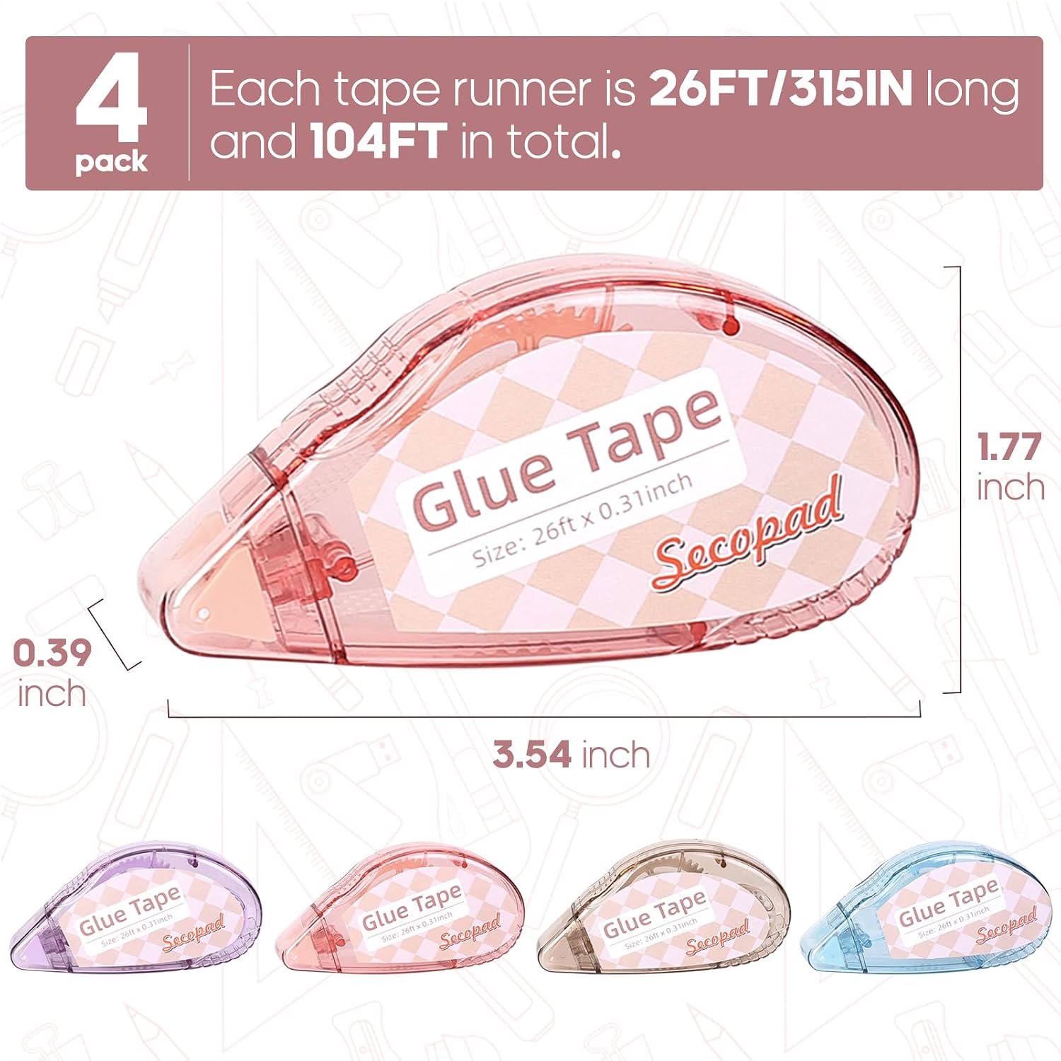 Detalle de Secopad Scrapbook Tape: 4-Pack Light-Colored Glue Tape for Crafts