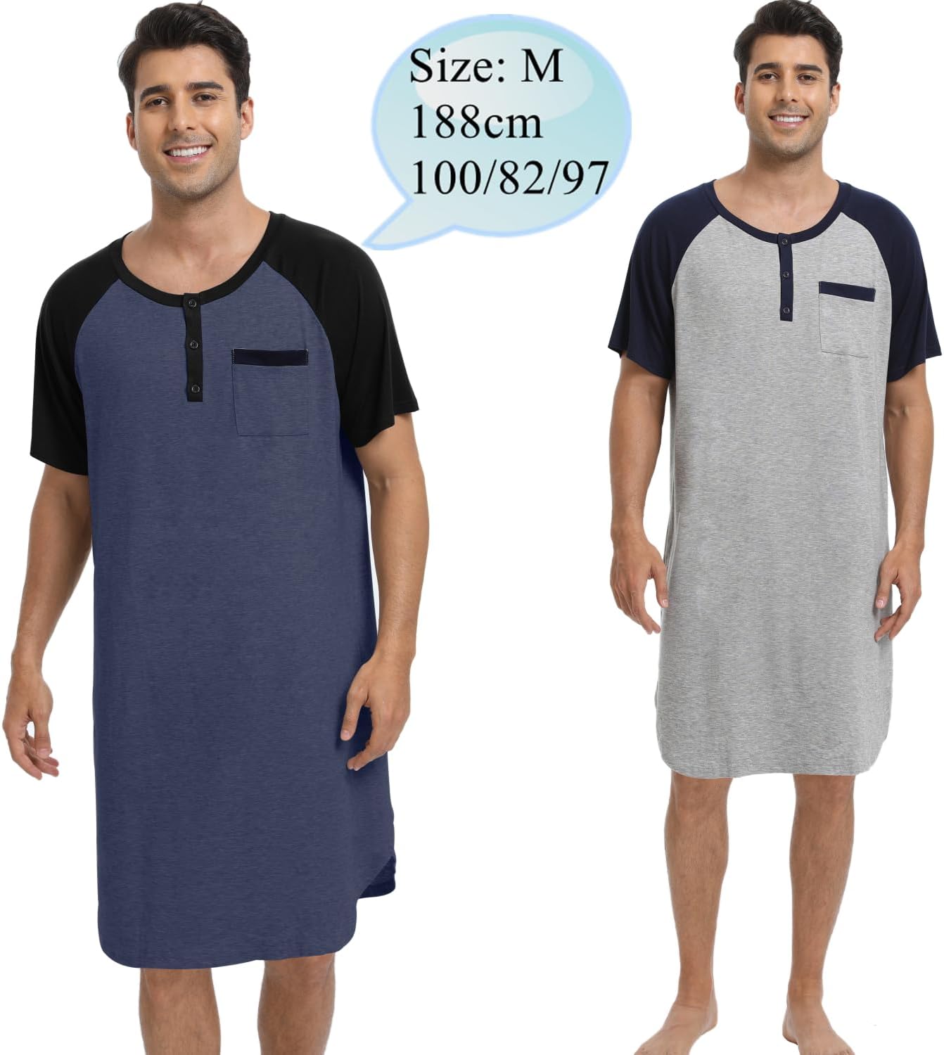 Detalle de Enjoyoself Herren Nachthemd kurzarm aus Baumwolle mit Henley-Kragen