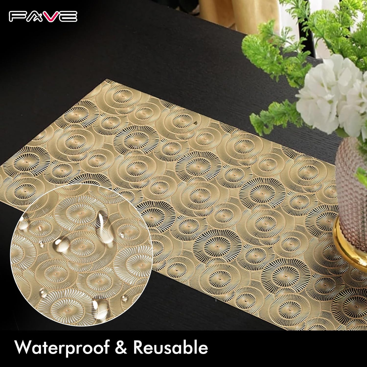 Detalle 2 de Gold vinyl table runner 36 inch heat-resistant