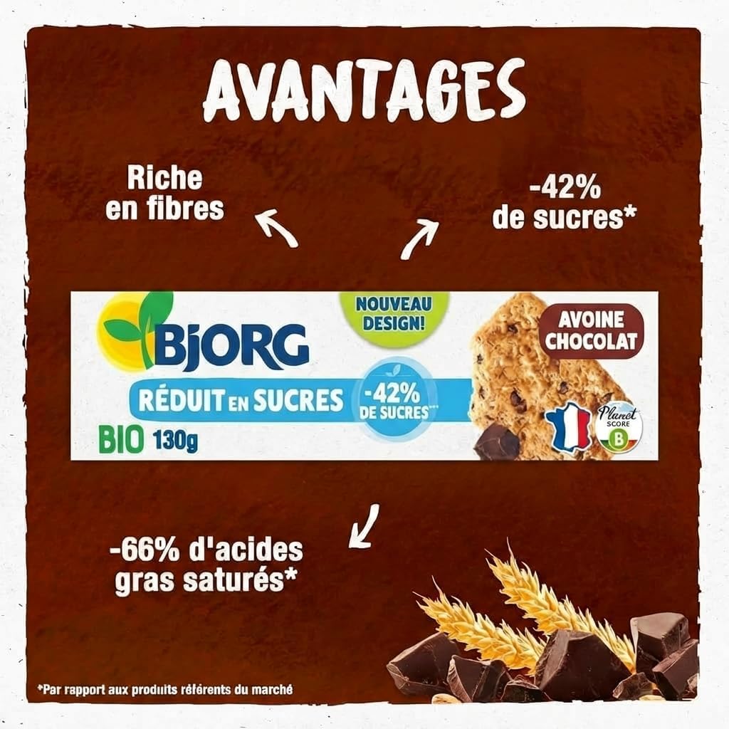 Detalle 2 de BJORG Nutri+ Biscuits Avoine Chocolat – Lot 3 x 130 g (390 g) - Bio et Riche en Fibres