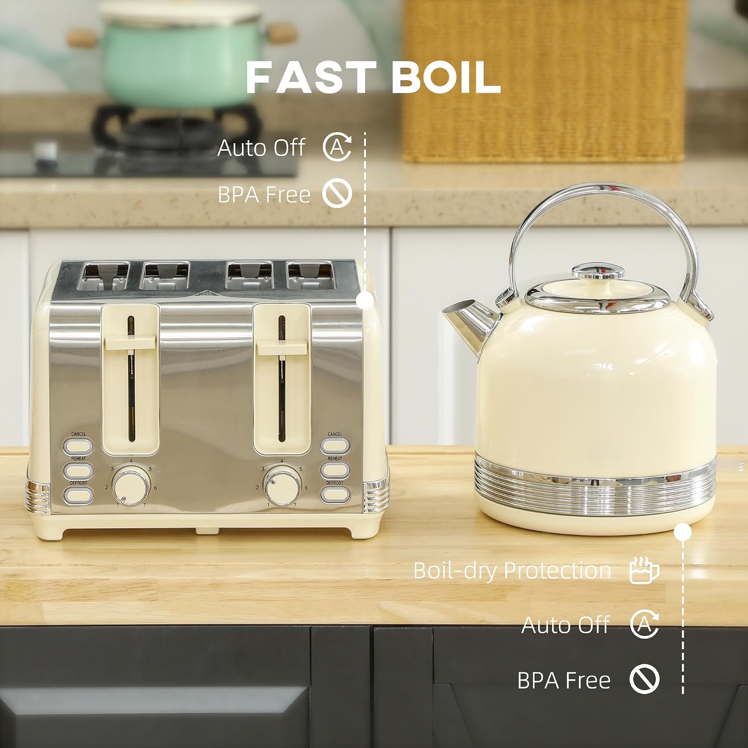 Thumbnail 5 de HOMCOM 800-212V70CW Kettle and 4-Slice Toaster Set, 1.7L, Cream White