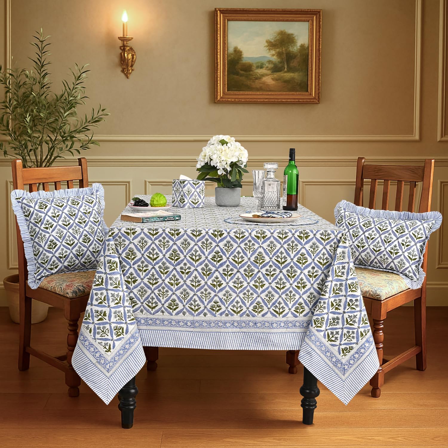 Detalle de Ridhi Steel Blue 60x60 Inches Square 100% Cotton Hand Block Print Tablecloth