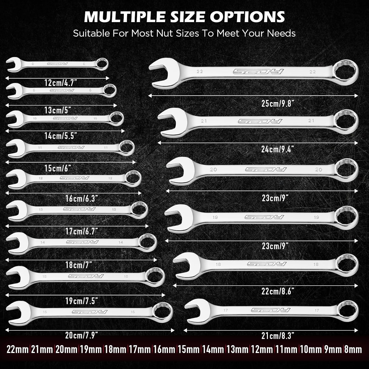Detalle 2 de SEDY 81061M 15-Piece Metric Combination Wrench Set, 8–22mm, 12-Point