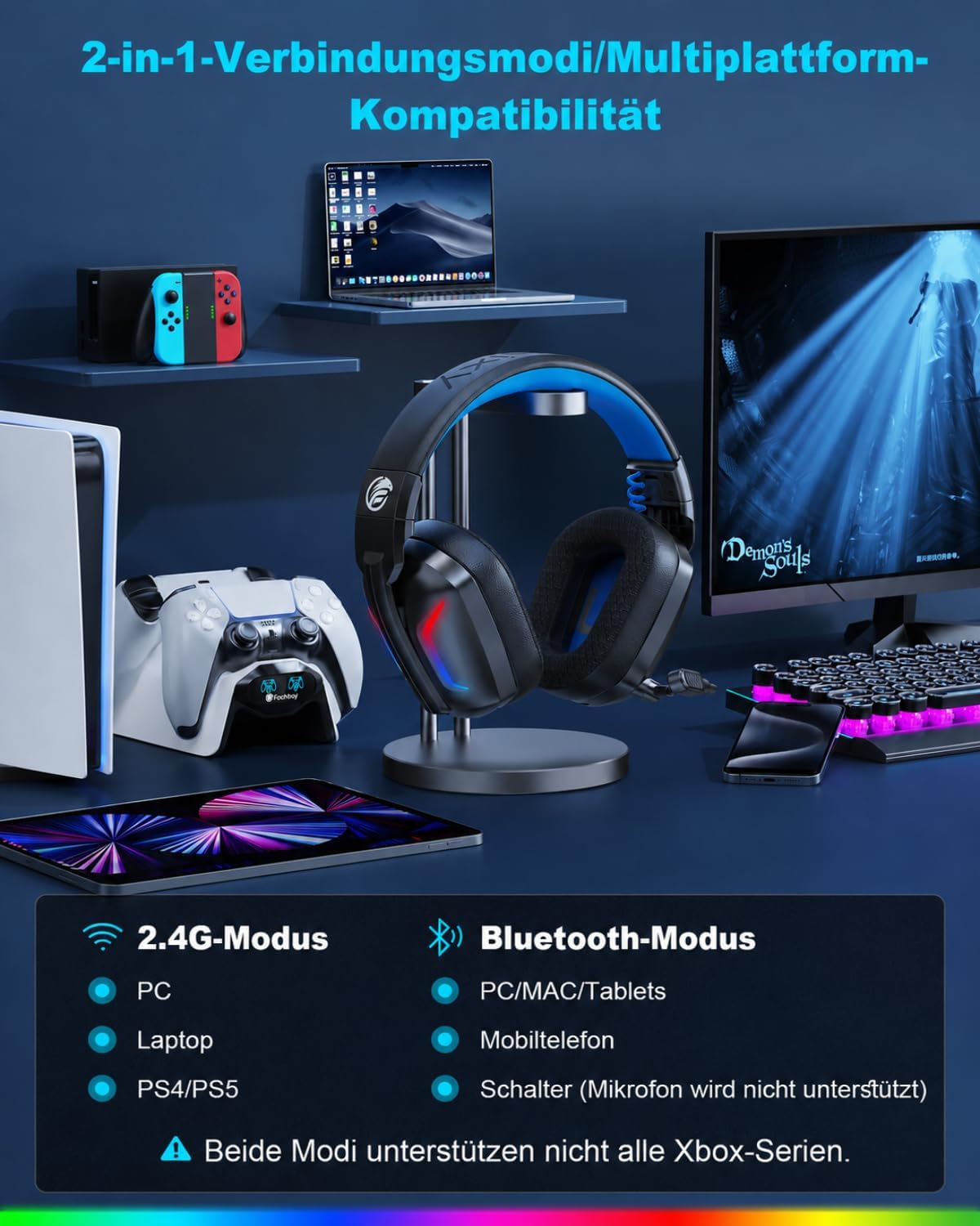 Detalle 2 de Fachixy FC300 Wireless Gaming Headset – 2,4 GHz + Bluetooth, 50 mm Treiber, bis zu 80 Std. Akku