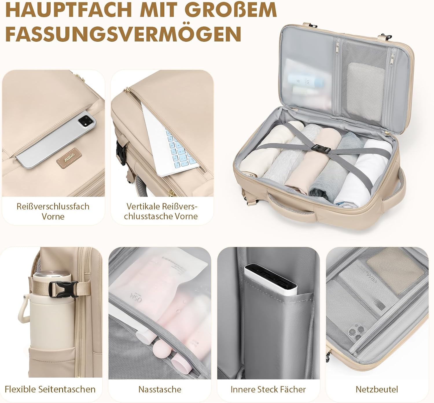 Thumbnail 3 de VNINE 40L Reiserucksack – Großer Handgepäck Rucksack mit Wasserabweisendem Nassfach, erweiterbar auf 39L