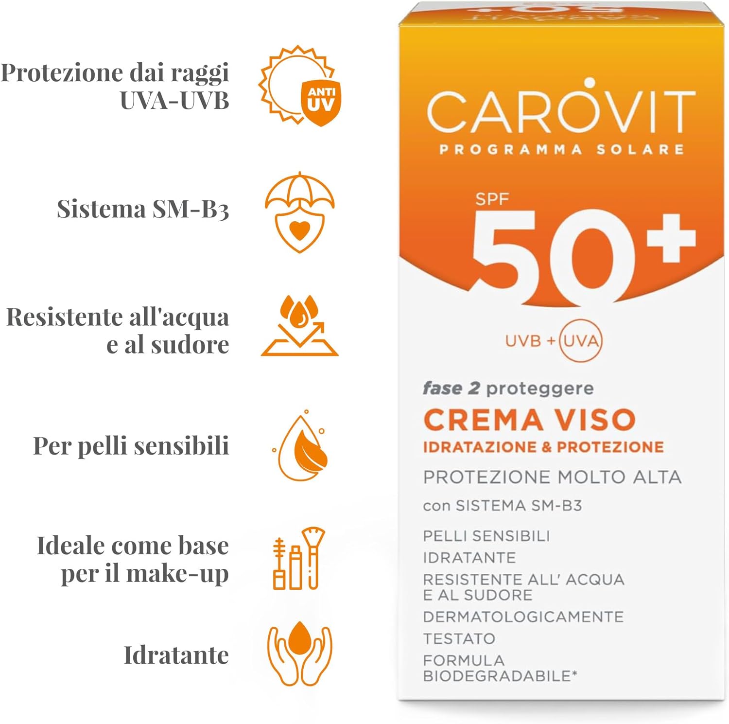 Detalle de Carovit Crema Viso SPF 50+: protezione solare ad ampio spettro per pelli sensibili