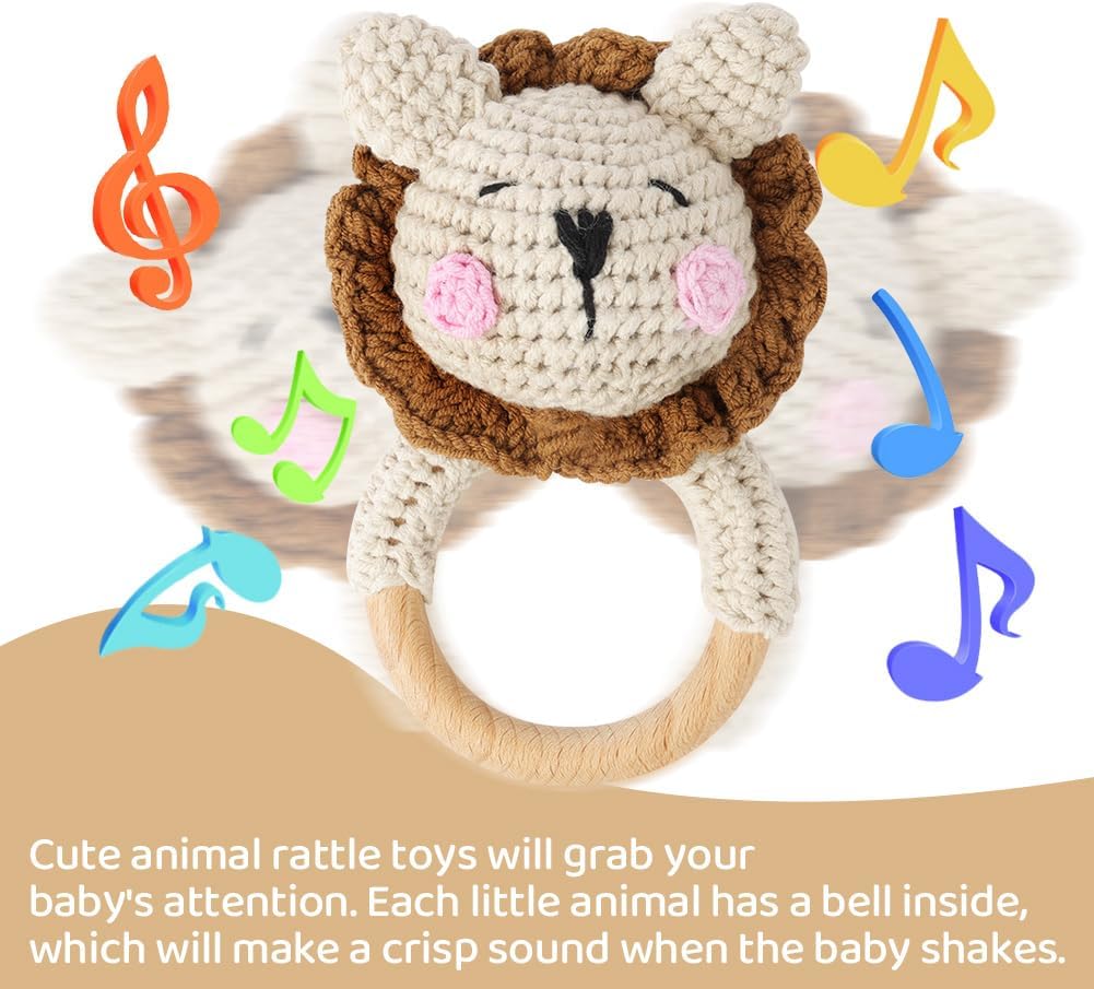 Detalle 2 de Vicloon Hochet bébé en bois d’animal au crochet avec anneau en bois (Lion)