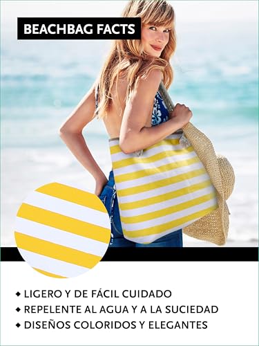 Detalle de DonDon Bolso de playa grande con cremallera: diseño a rayas blanco y amarillo