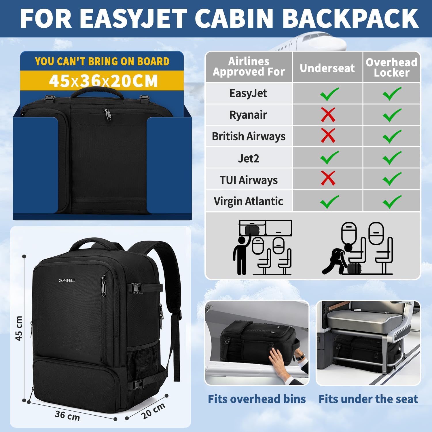 Thumbnail 1 de ZOMFELT Ryanair 40x30x20 24L underseat backpack