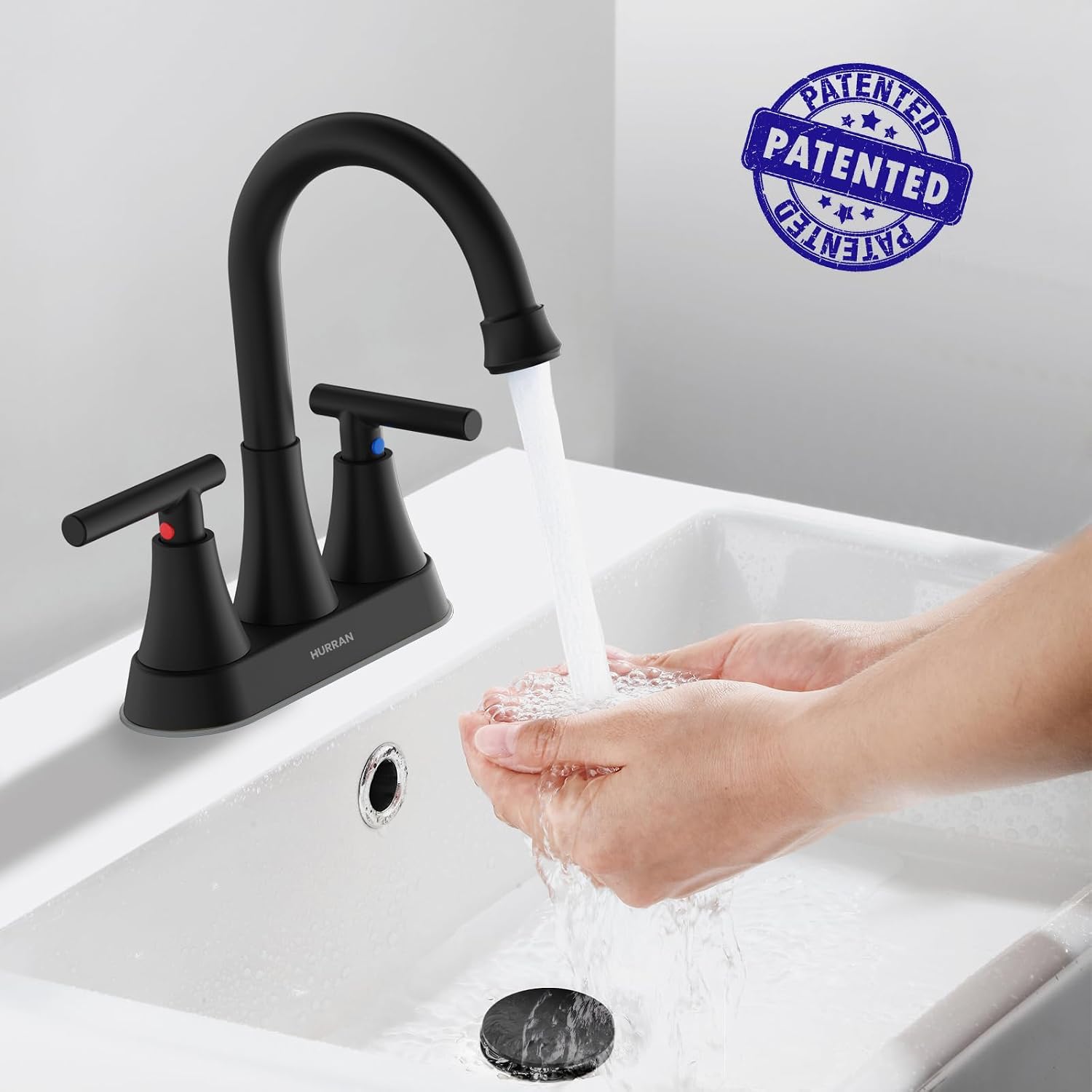 Detalle de Hurran 4-Inch Centerset Matte Black Bathroom Faucet (3-Hole Sink) with Pop-Up Drain and Supply Hoses