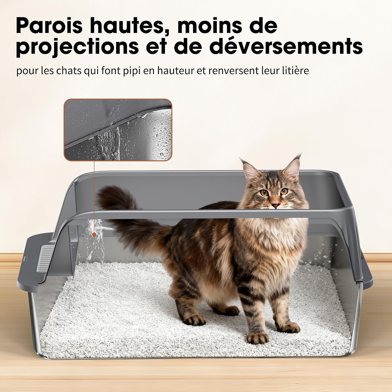 Thumbnail 2 de Bac à litière Ouvert en INOX – Grand bac métal à bords hauts, cuve profonde amovible et antiadhésif
