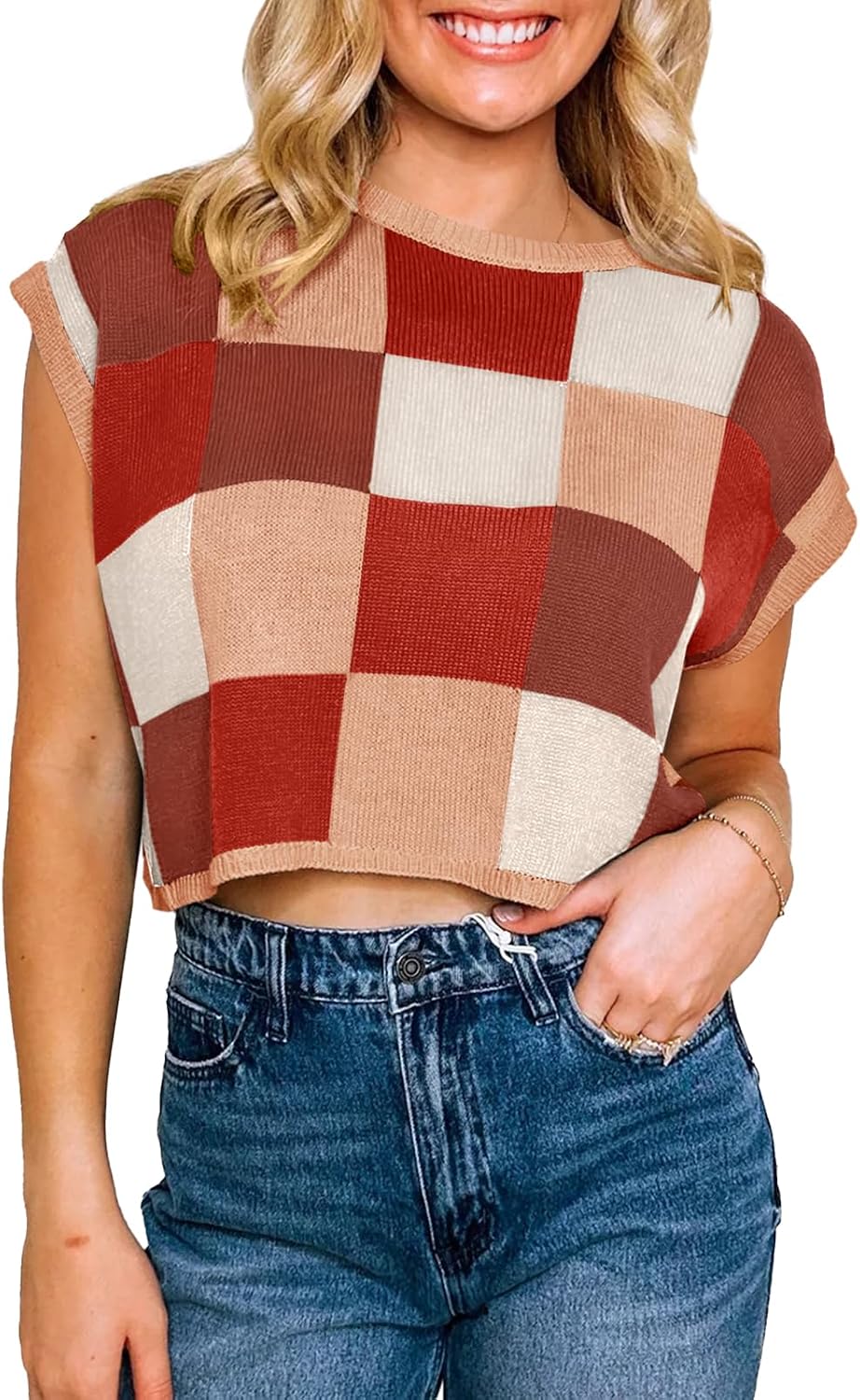 Detalle de Saodimallsu Women’s Cap Sleeve Crop Top: Color Block Knit for Summer Vibes