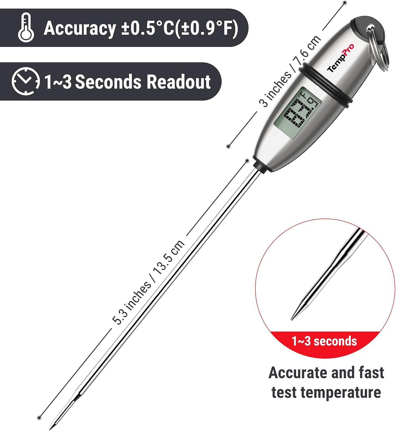 Detalle de TempPro TP-02S digitale vleesthermometer met sonde van 13,5 cm