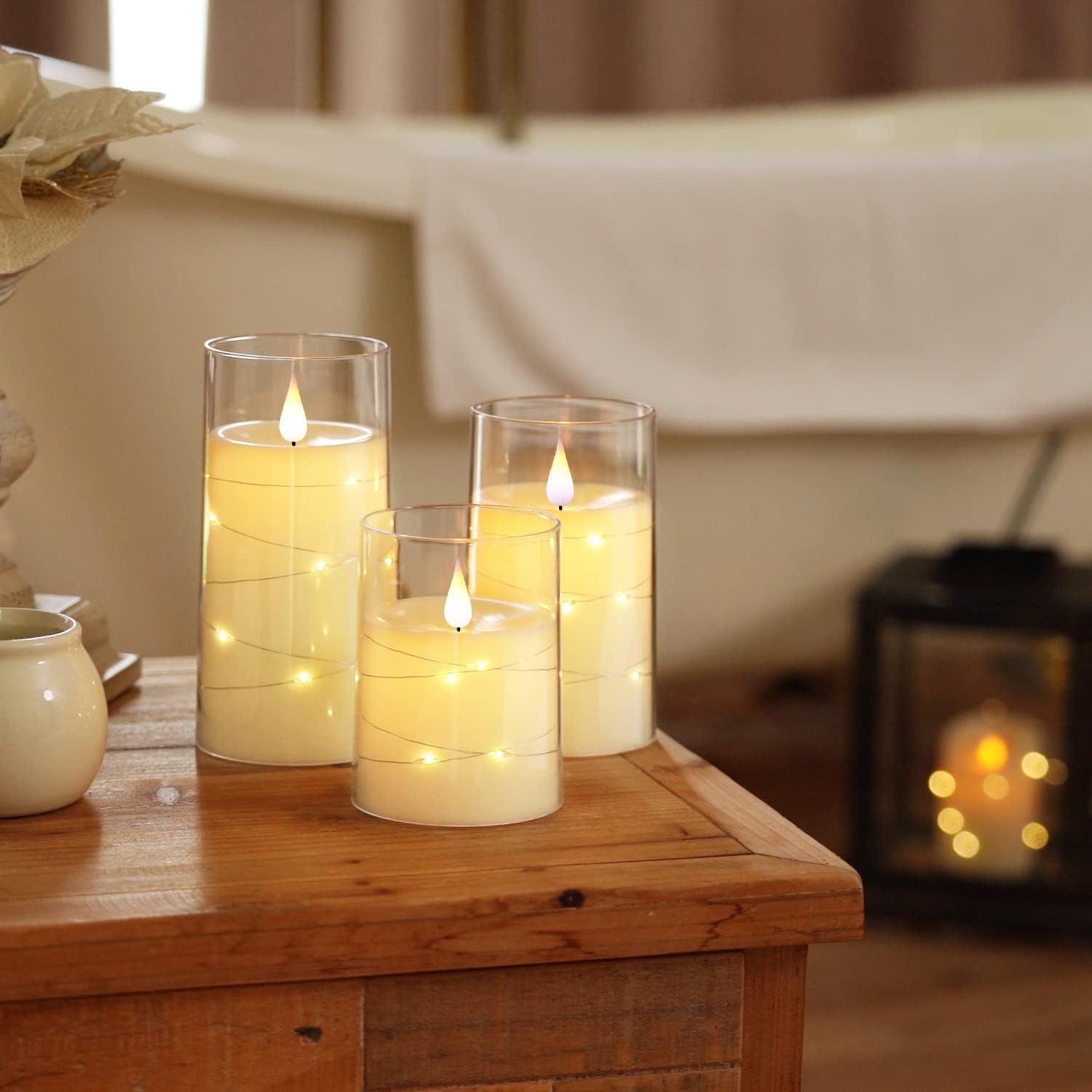 Thumbnail 1 de Homemory Ivory White Flameless Candles with 3D Flame and Fairy Lights (Set of 3)