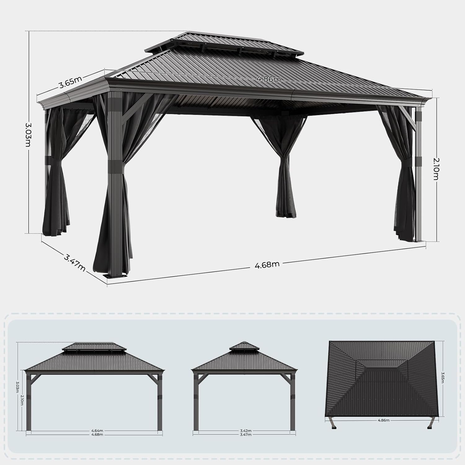 Thumbnail 1 de JUMMICO Pavillon 3,65 x 4,85 m hardtop double toit imperméable avec stores et moustiquaires, gris