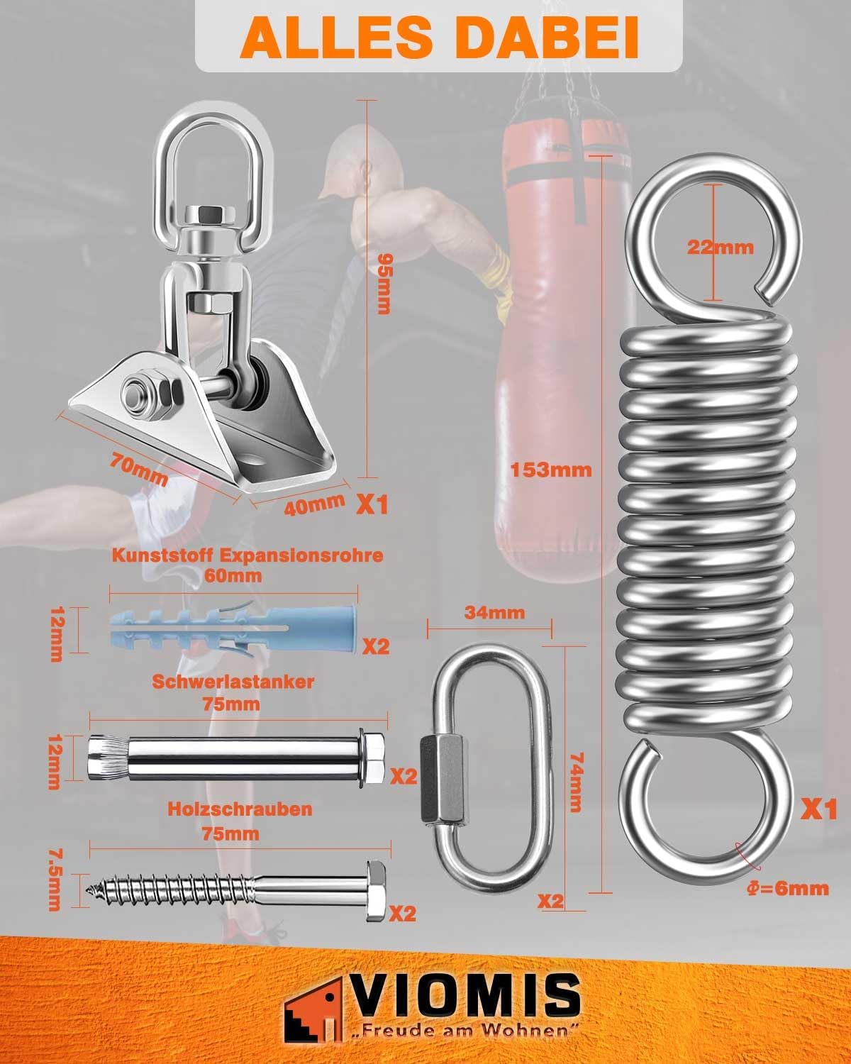 Detalle de Viomis Deckenhaken Komplettset mit 360° Drehhalterung & Schwingfeder (bis 450 kg)