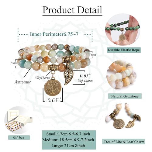 Detalle de Farfume Chakra: Pulseras Dobles de Amazonita para Mujer con Dije Árbol de la Vida