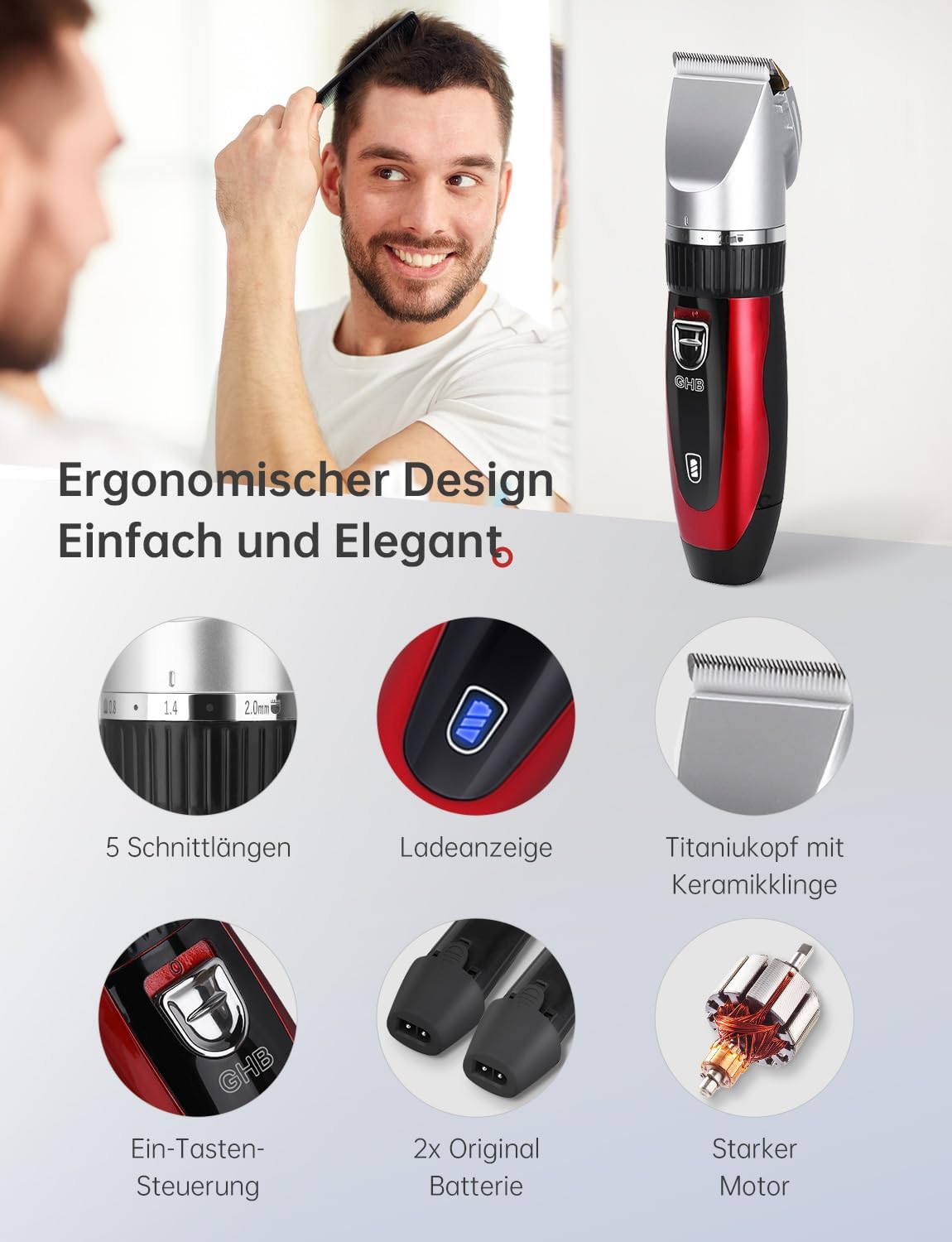 Detalle de GHB Haarschneidemaschine Akku Haarschneider – kabellos, 2 Lithium-Akkus & 14-teiliges Set