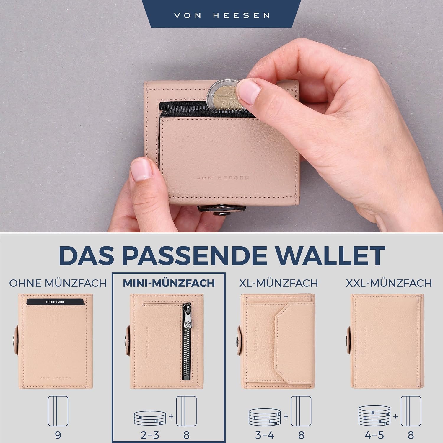 Thumbnail 5 de VON HEESEN Slim Wallet mit Münzfach, RFID-Schutz & Echtleder (Rose) – Kartenetui mit Geldklammer