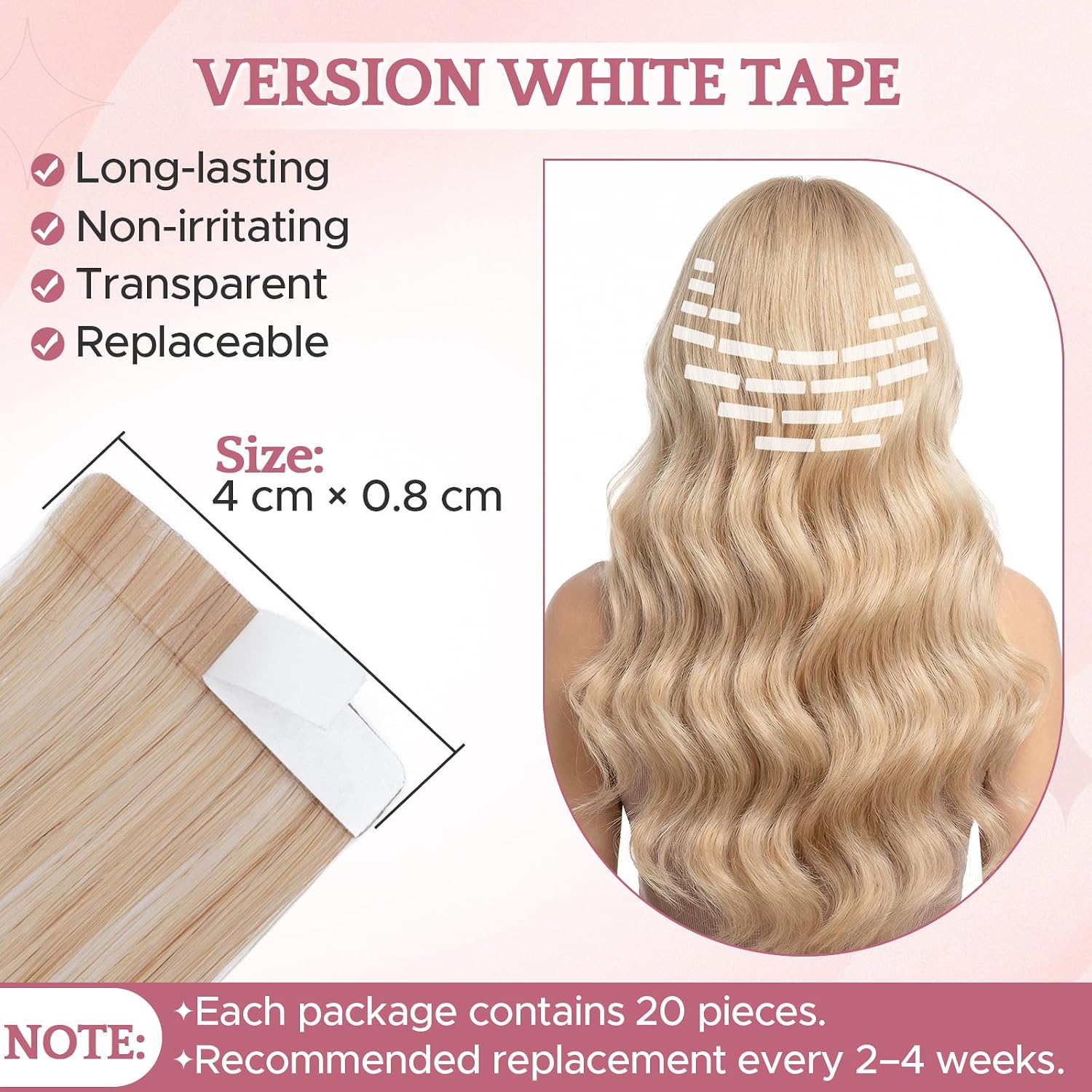 Detalle de SEGO Extension Cheveux Naturel Adhesif Lisse Leger 20 Pièces – Ruban Blanc 45 cm