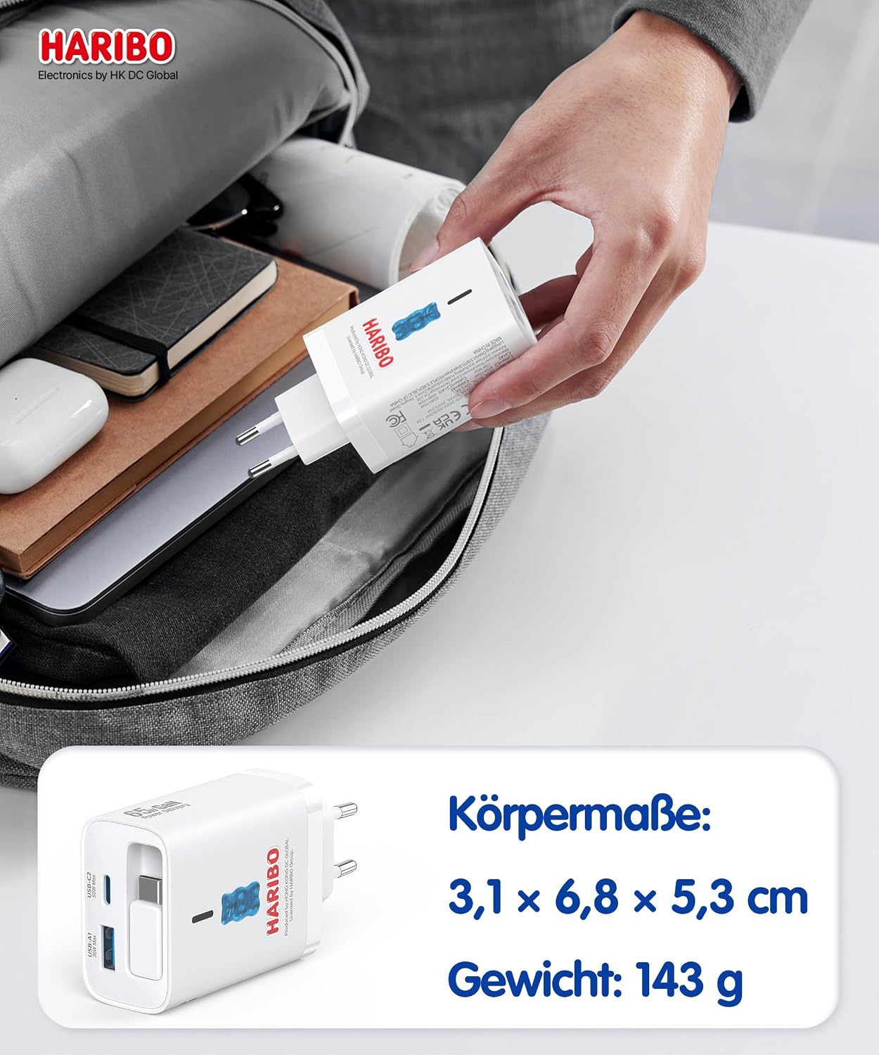 Detalle de HARIBO 65W USB-C Ladegerät mit 85 cm Einziehbarem Kabel – 3-Port GaN Netzteil PD QC PPS
