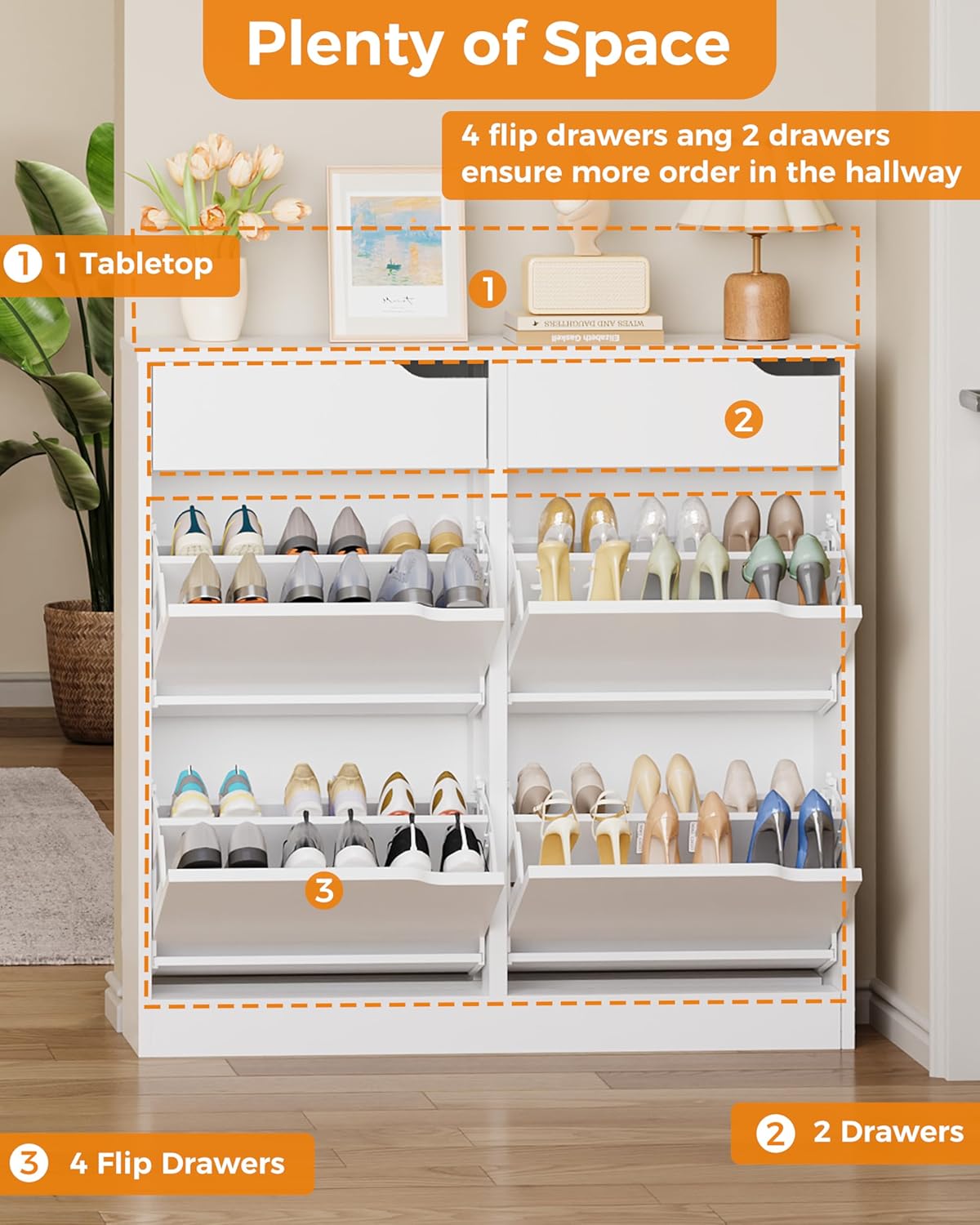 Thumbnail 5 de IRONCK shoe cabinet with 4 flip drawers and 2 drawers (freestanding, white) — slim entryway shoe storage