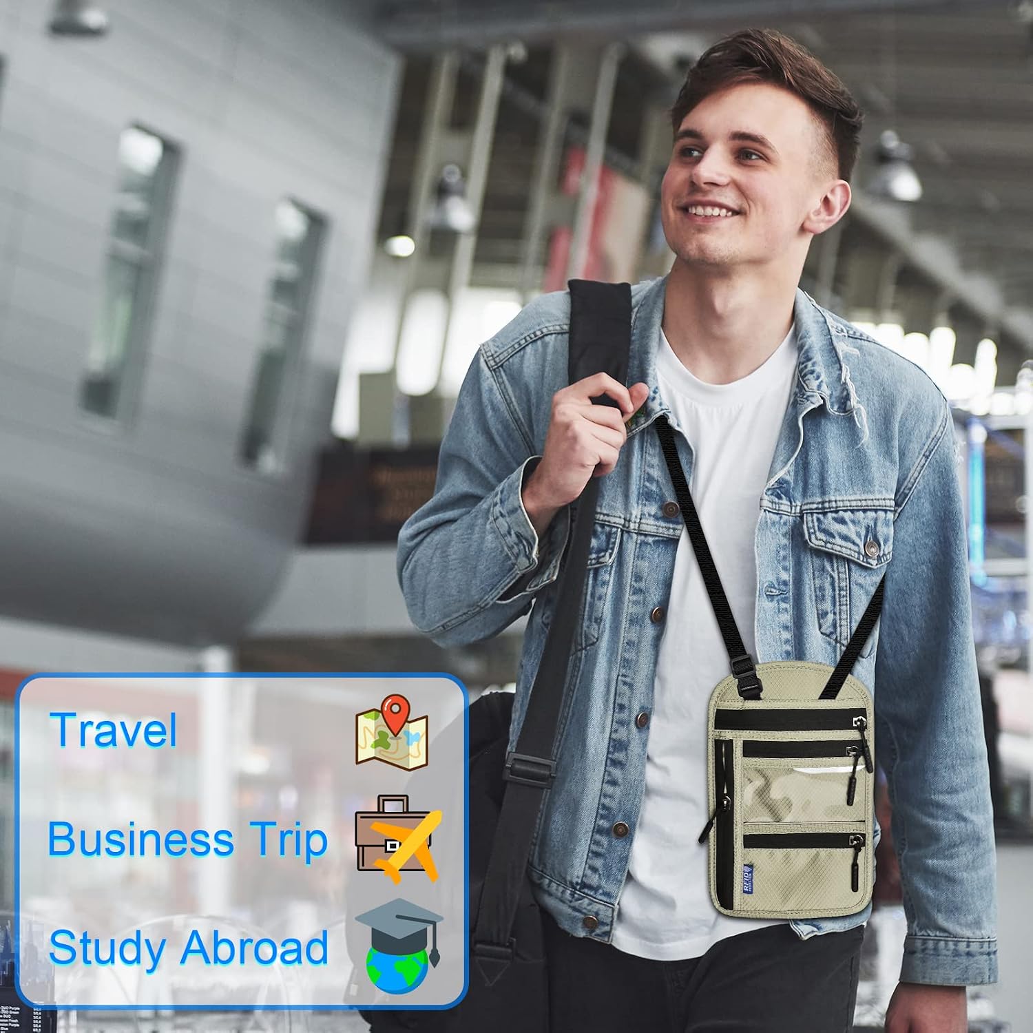 Thumbnail 6 de CORYIN Travel Neck Wallet Passport Holder with RFID Blocking and Waterproof Pouch – Light Grey
