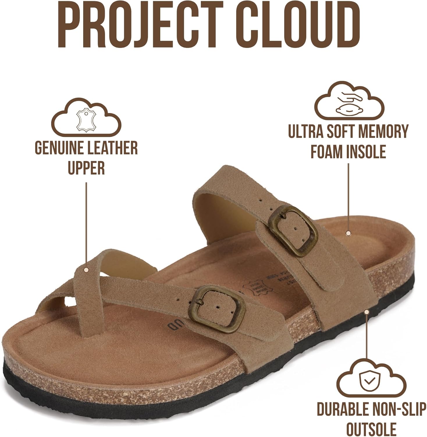Thumbnail 2 de Project Cloud 100% Genuine Leather Women’s Sandals (Lightweight Slides with Memory Foam & Cork Footbed)