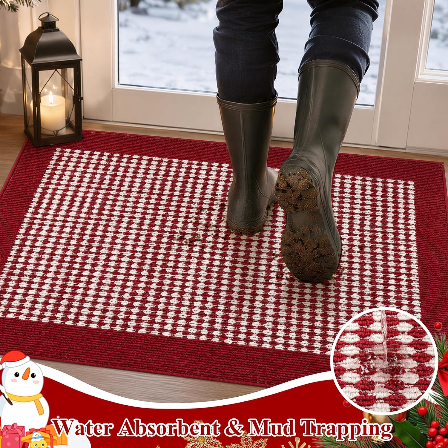 Thumbnail 2 de Ileading 2x3ft Christmas Door Mat, Washable Red Rug with Non-Slip TPR Backing