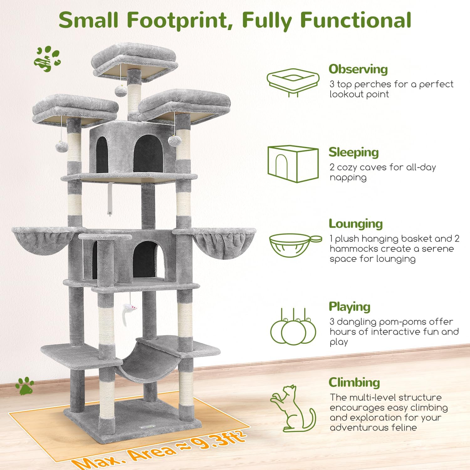 Detalle 2 de Globlazer F80 XXL Cat Tower, Light Grey, with 3 Perches, 2 Condos and Sisal Posts