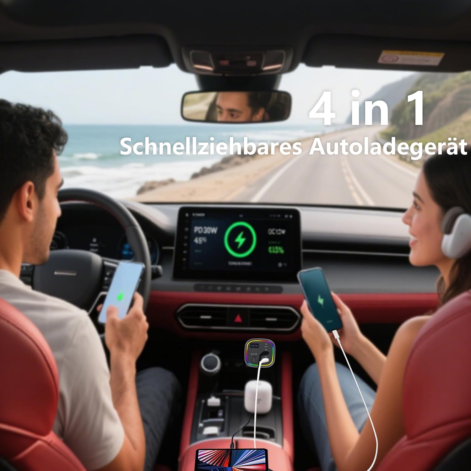 Detalle de Austepax CR02+CR01 4-in-1 Car Charger Set, 78W Retractable USB-C Cable
