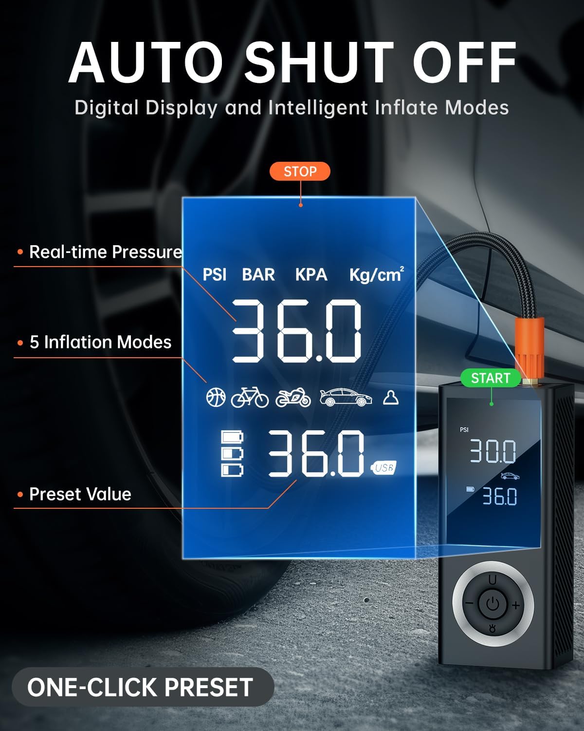 Detalle de Portable Tire Inflator Air Compressor (150 PSI) with Digital Gauge, LED Light, 12V Car Adapter & Storage Box
