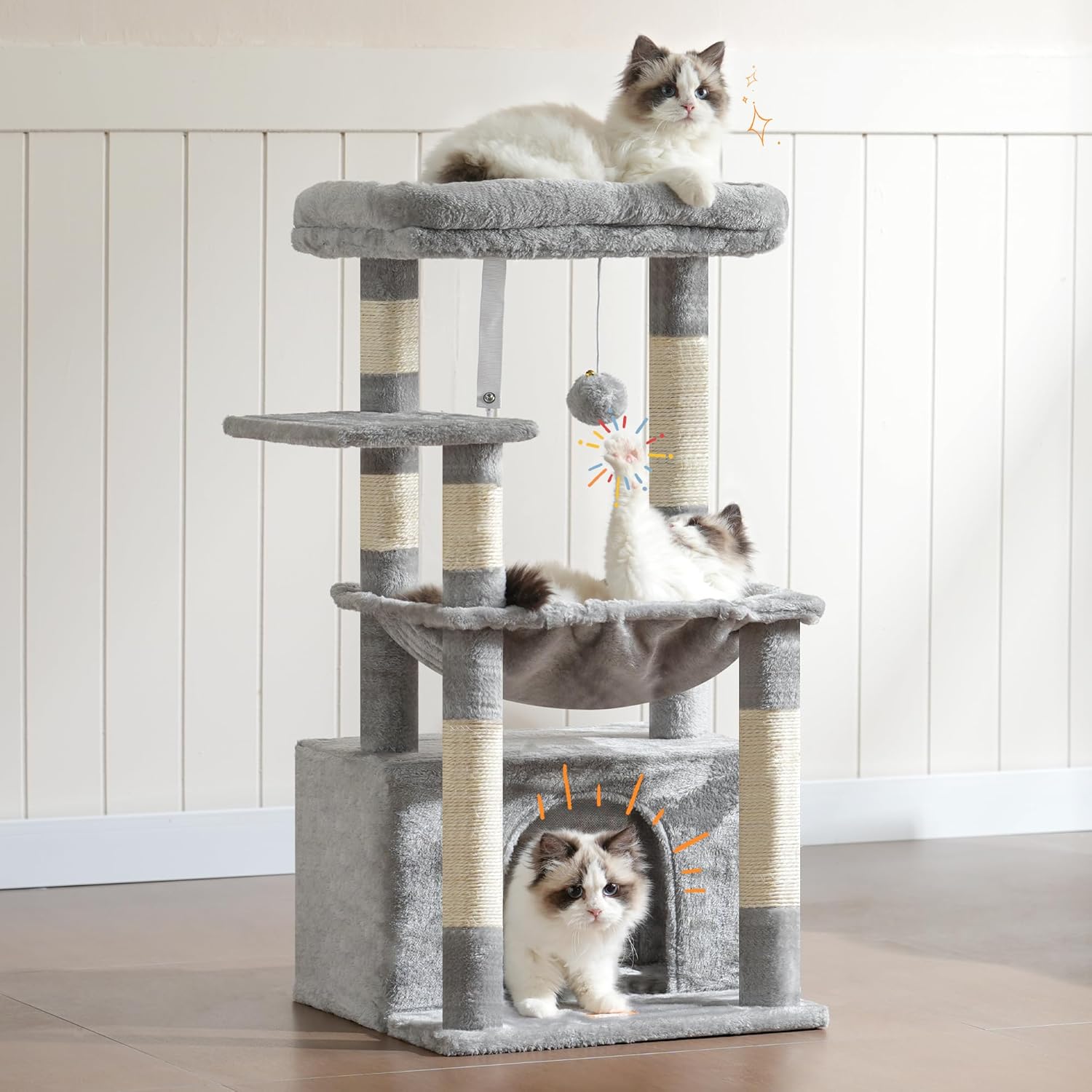 Thumbnail 1 de Heybly Cat Tree HCT008SW – 80cm kitten tower with large soft basket, hidden cave bed & 6 scratching posts