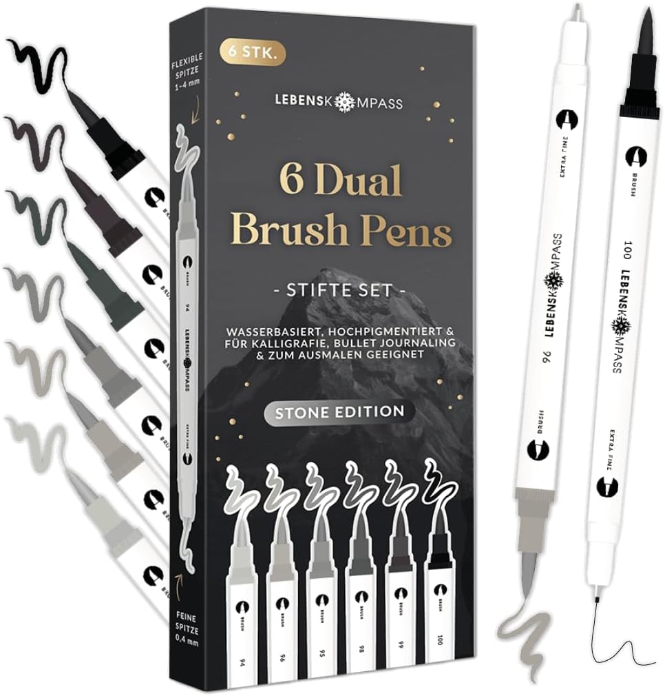 Detalle 2 de LEBENSKOMPASS® Brush Pen Set Pastel – 6 Pastell-Stiftsets für Handlettering, Ausmalen & Bullet Journal (Dual Tip)