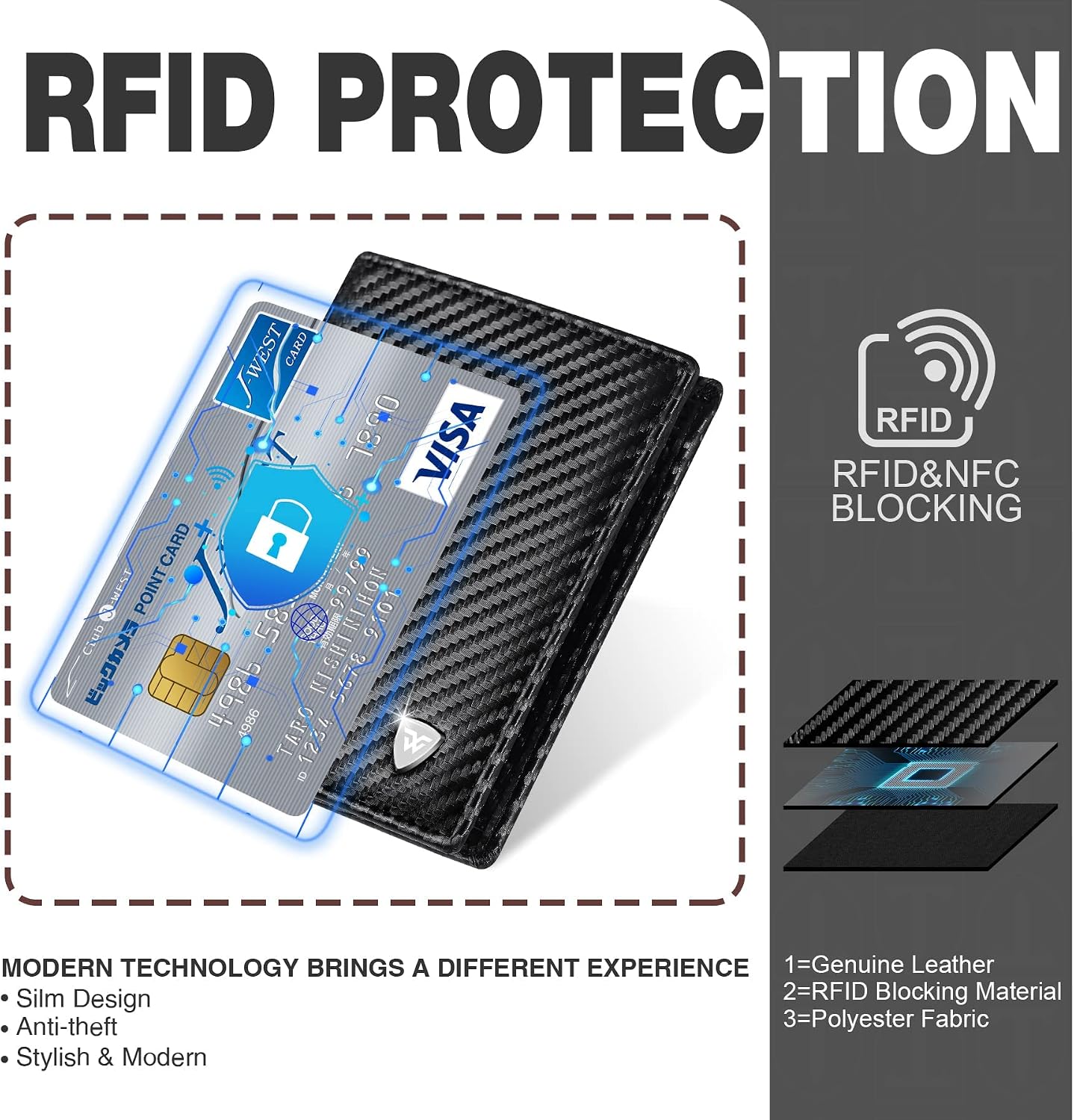 Thumbnail 6 de Portafoglio trifold RFID da uomo in fibra di carbonio con 11 scomparti e chiusura a zip
