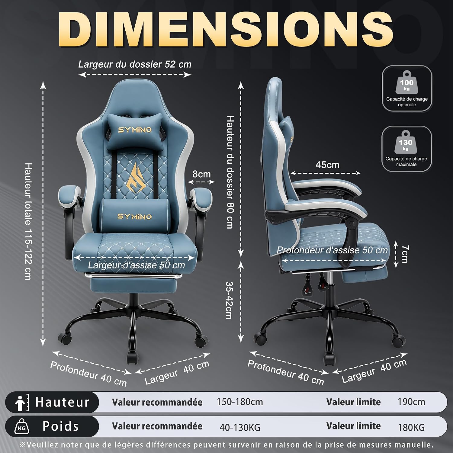 Detalle de Symino FZ001 gamingstoel met lendenkussen, voetensteun en rugleuning tot 155°
