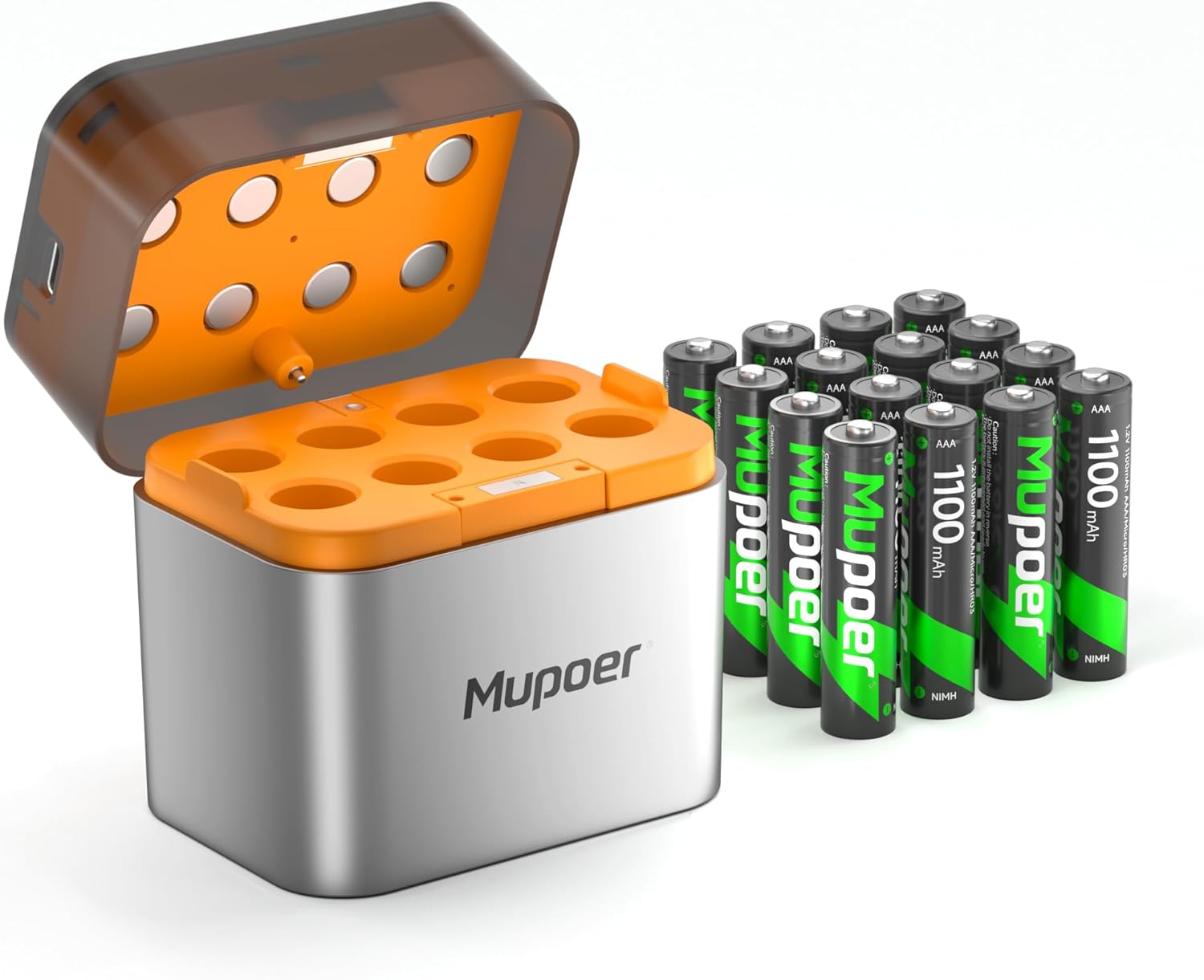 AAA Akkus Wiederaufladbar 16er-Pack mit Ladegerät: NiMH 1,2V 1100 mAh (inkl. Ladegerät, Type‑C) für AA/AAA