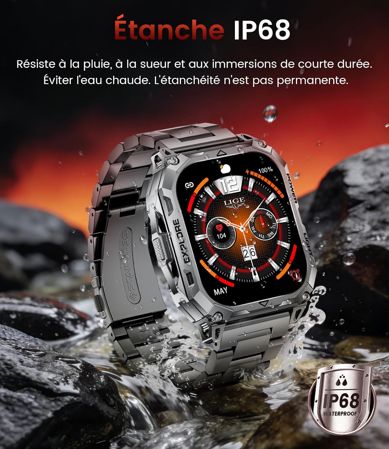 Detalle de LIMIGE smartwatch voor heren met 2,01-inchscherm, 1000 mAh en IP68