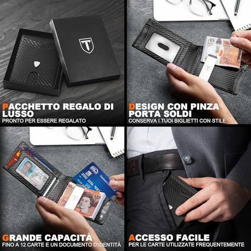 Detalle de TEEHON Portafoglio Uomo RFID Blocking Slim in Pelle fibra di carbonio, 12 porte carte, ID window, fermasoldi – Nero