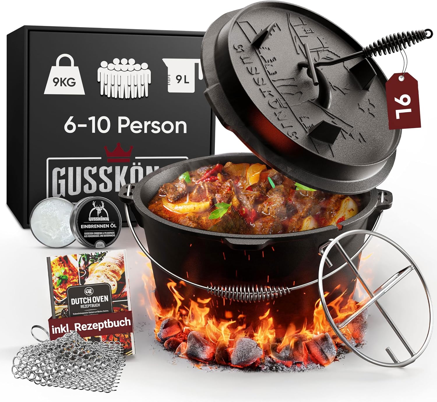 Detalle de GUSSKÖNIG Essential Line Dutch Oven Set 7,5 L – sofort einsatzbereit inkl. Zubehör (3–6 Personen)