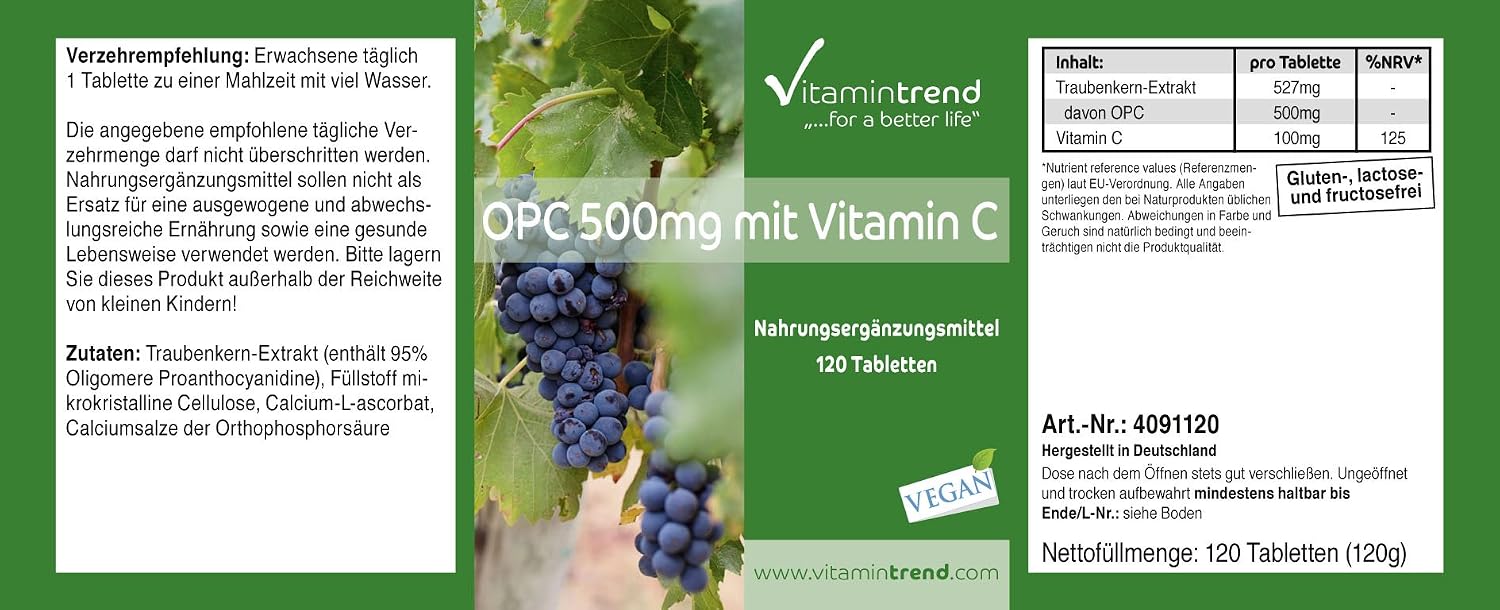 Detalle de Vitamintrend OPC 500 mg mit Vitamin C – Traubenkernextrakt, 120 Tabletten, vegan, hergestellt in Deutschland