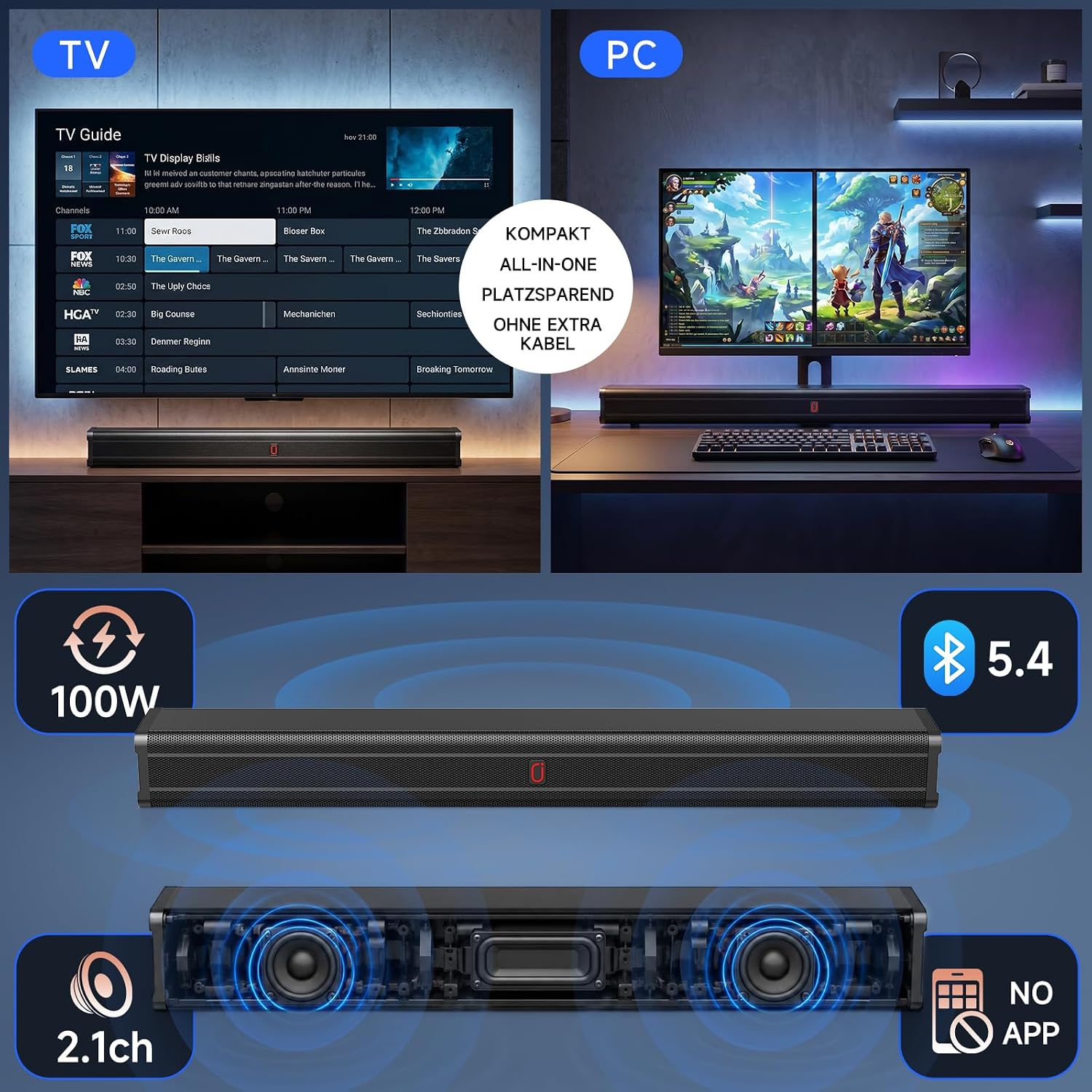 Detalle de JYX 80cm Soundbar: 2.1-Kanal mit Deep Bass, HDMI ARC, Bluetooth 5.4 – All-in-One TV-Lautsprecher