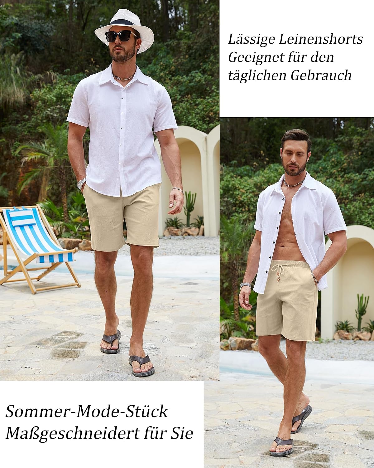 Detalle de LVCBL Herren Shorts aus Leinenmischung – kurze Sommerhose mit Taschen, elastischem Bund