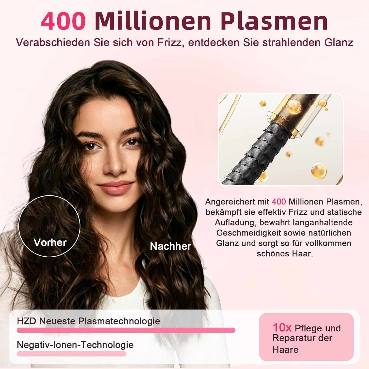 Detalle de Haartrockner Ionen Föhn – Plasma-Technologie, 400 Mio. Plasmen, 57 dB, 110.000 U/min, kompakt & leise (Hellrosa)
