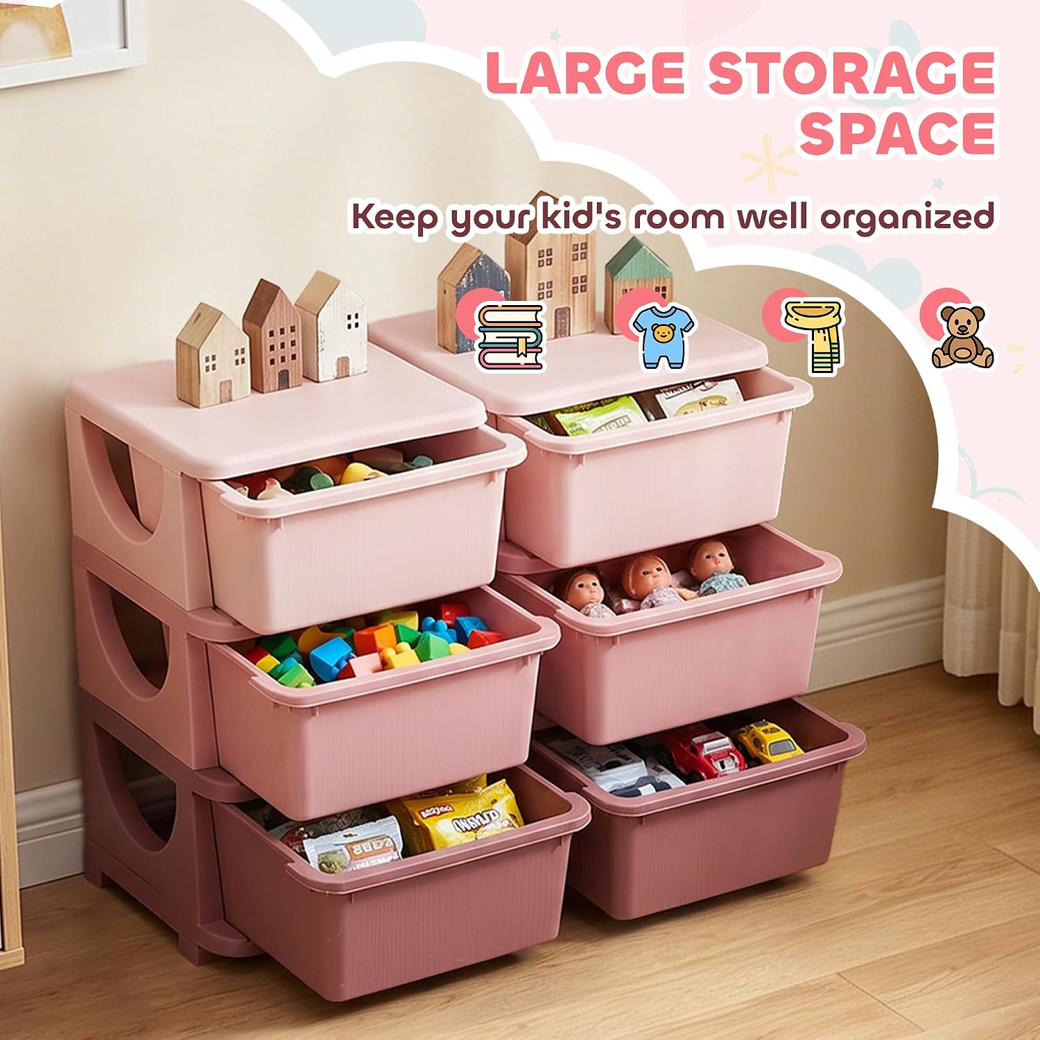 Thumbnail 3 de Qaba 6-Drawer Kids Storage Unit, 3-Tier Pink Toy Organizer