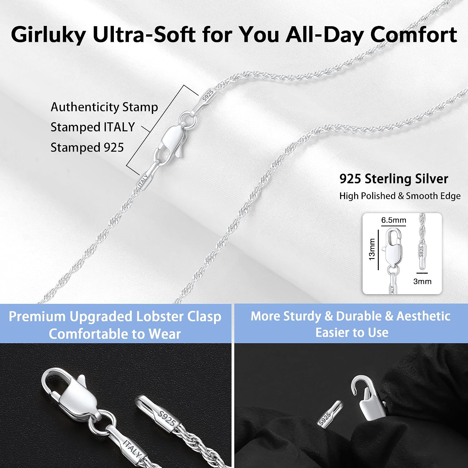 Detalle de Girluky Sterling Silver Chain Necklace, 2mm