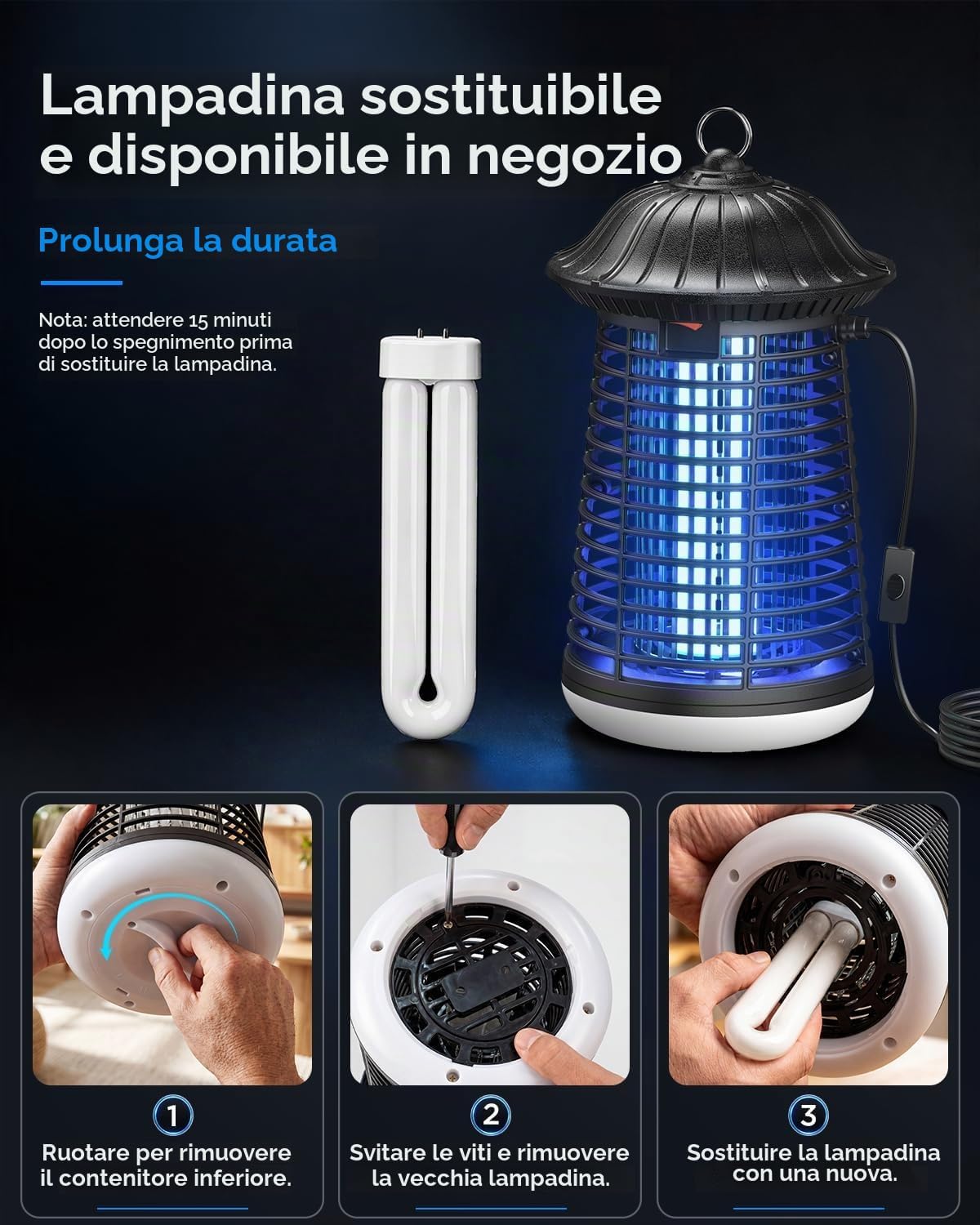 Thumbnail 6 de VIWAVE Lampada Antizanzare Elettrica 4200V – Trappola UV 365nm con LED, 3 m di cavo, copertura fino a 150 m²
