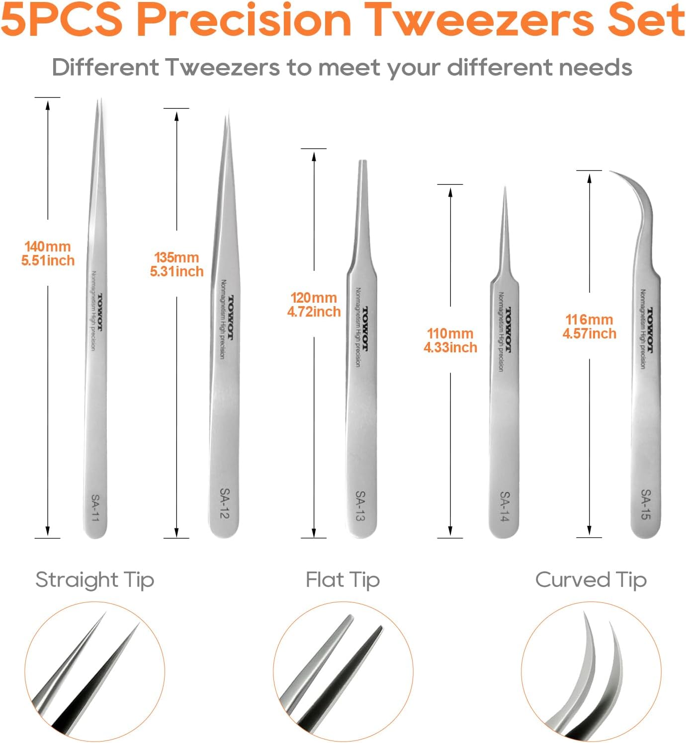 Detalle 2 de TOWOT Stainless Steel Heat Resistant Tweezers (5 Pcs) for Craft, Electronics & Jewellery Making
