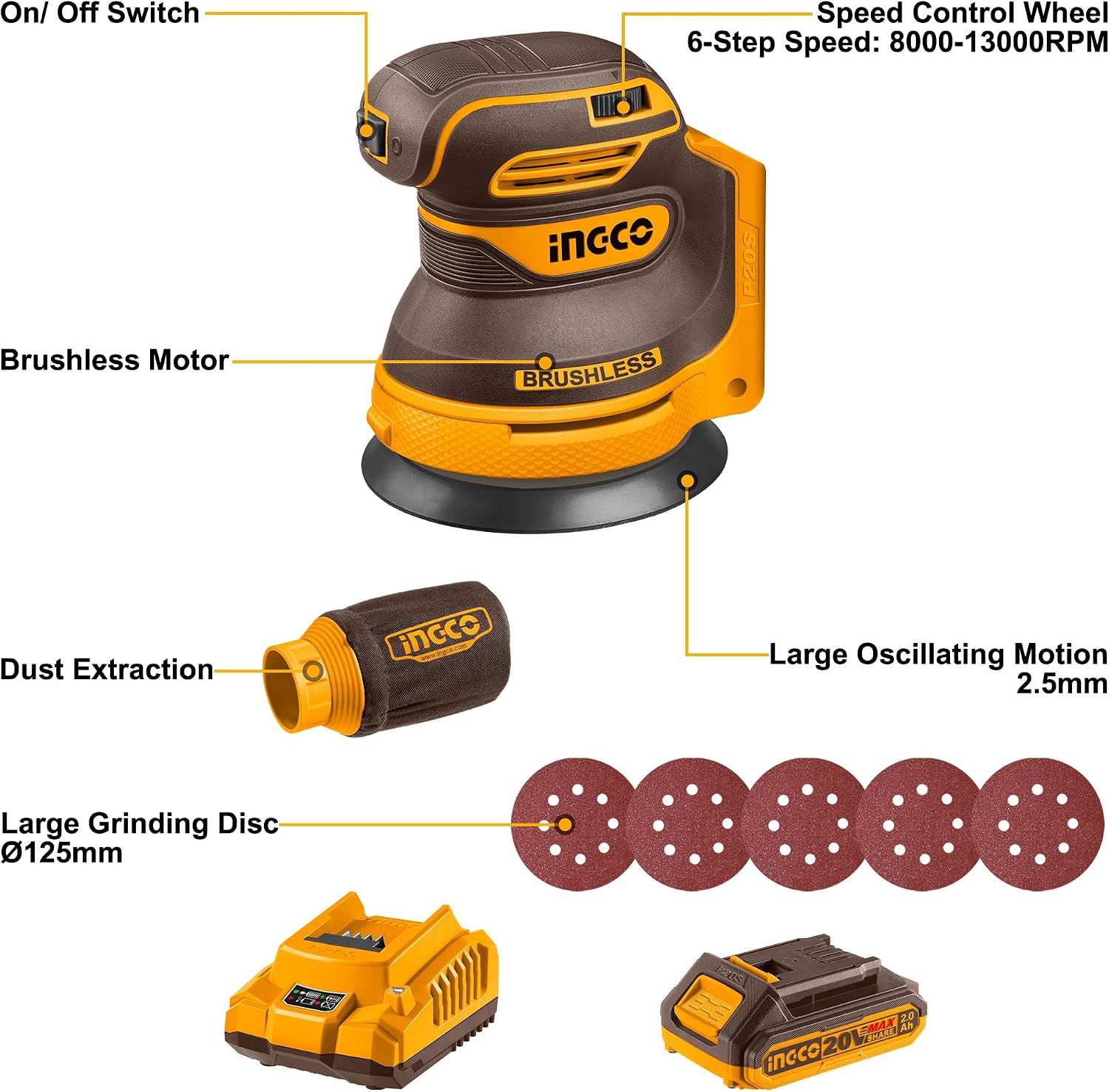 Thumbnail 2 de INGCO 20V Cordless Random Orbit Sander 125mm (CROSLI20021) – Brushless, 6 Speeds, 2.0Ah Battery