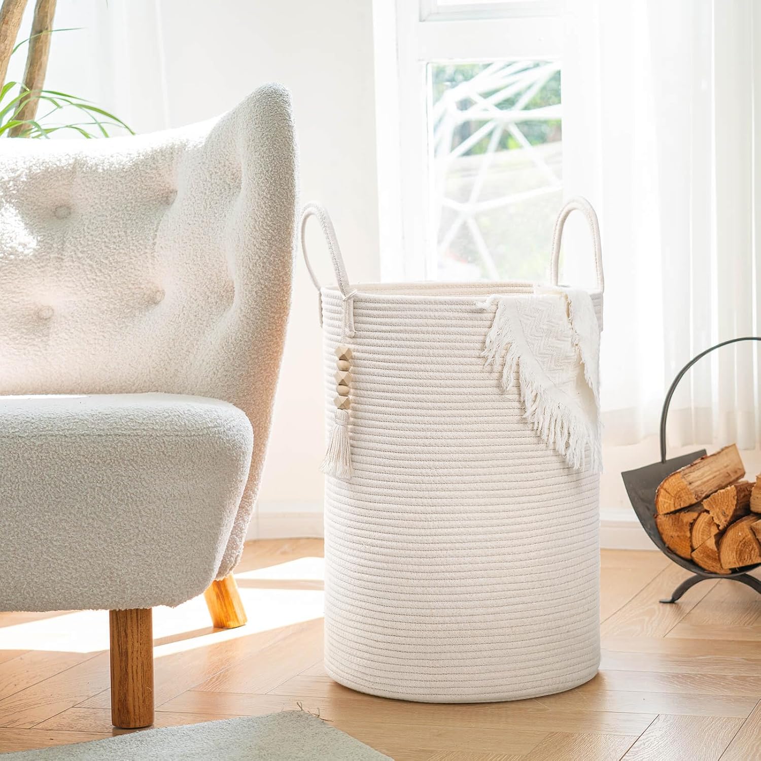 Detalle 2 de Goodpick White Cotton Rope Laundry Hamper with Handles, 16 x 20 Inches
